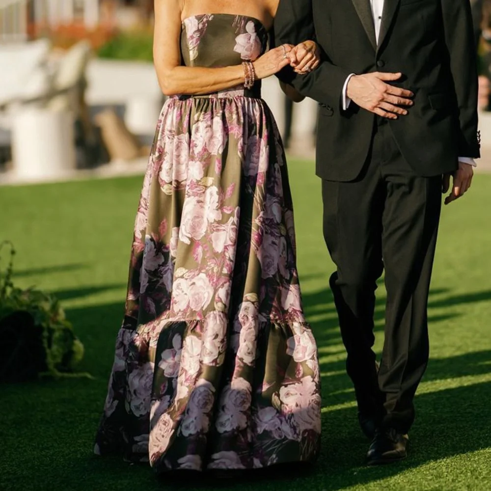 Mac Duggal Strapless Floral Gown in Olive and Pink - Picture 8 of 10